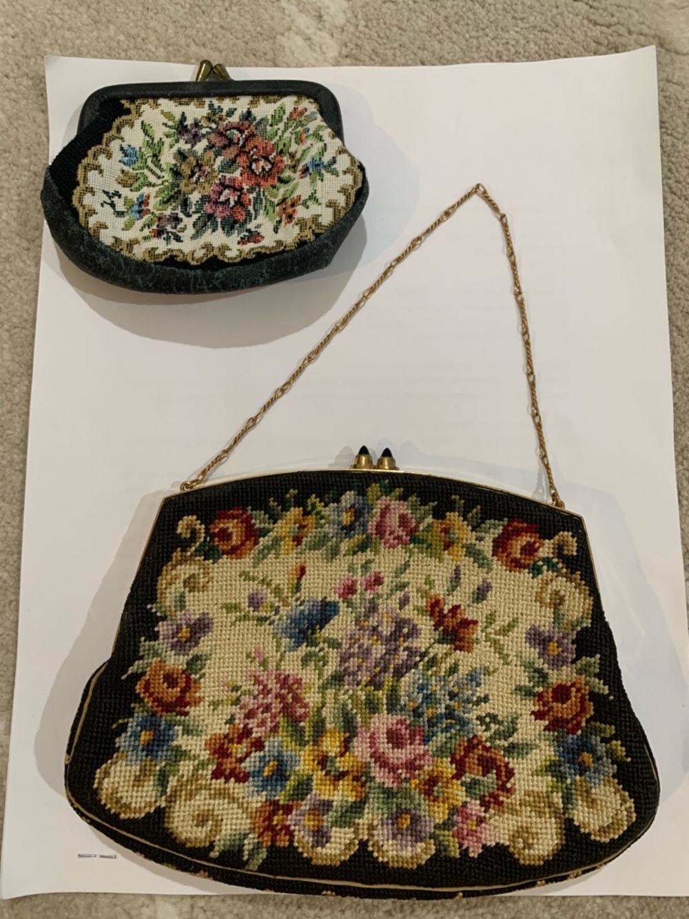 Vintage 1940s Floral Needlepoint Evening Clutch with coin wallet